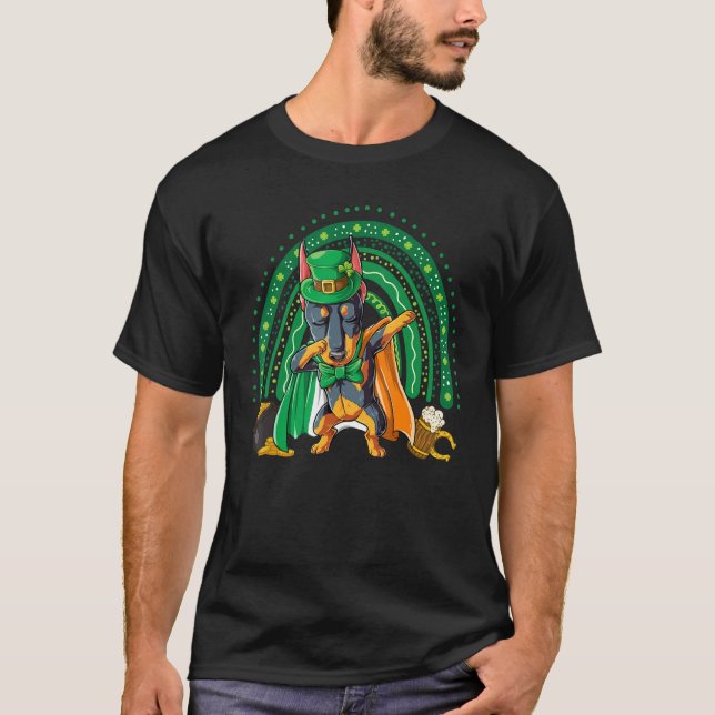 Dabbing Doberman St Patrick's Day Rainbow Leprecha T-Shirt (Front)