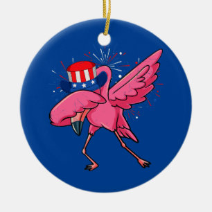 Dabbing Flamingo Uncle Sam Hat American Flag 4th Ceramic Tree Decoration