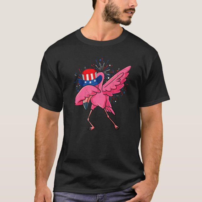 Dabbing Flamingo & Uncle Sam Hat American Flag 4th T-Shirt (Front)