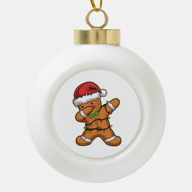 Dabbing Gingerbread Tree Light Christmas Ceramic Ball Christmas Ornament (Front)