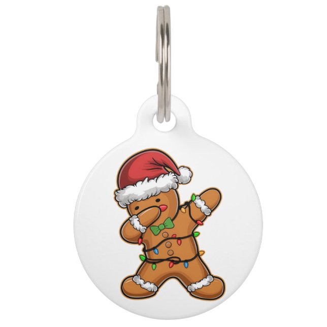 Dabbing Gingerbread Tree Light Christmas Pet Tag (Front)