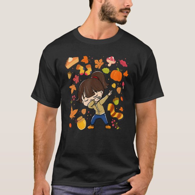 Dabbing Girl Autumn Maple Pumpkin Fall Season Leav T-Shirt (Front)