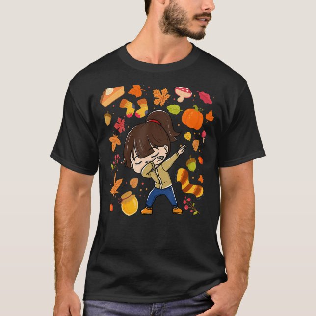 Dabbing Girl Autumn Maple Pumpkin Fall Season Leav T-Shirt (Front)