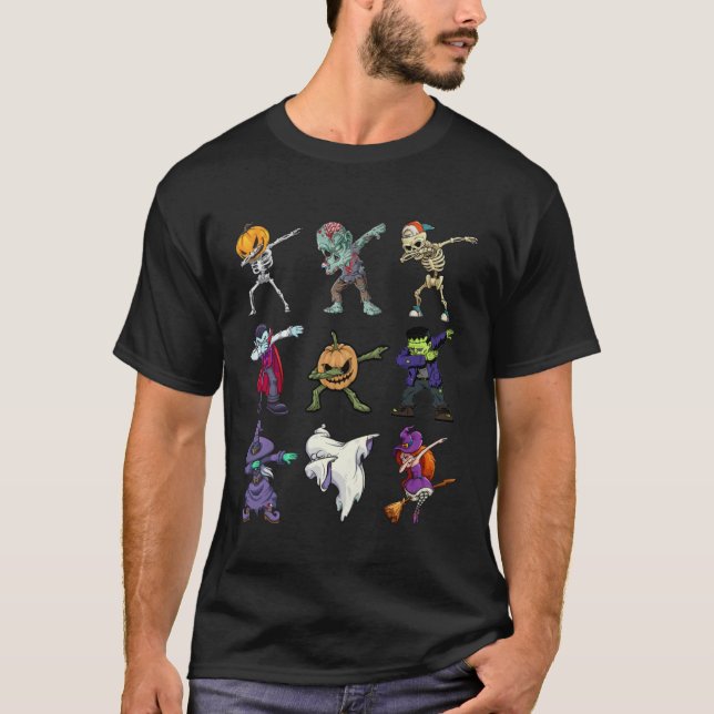 Dabbing Halloween Boys Skeleton Zombie Scary Pumpk T-Shirt (Front)
