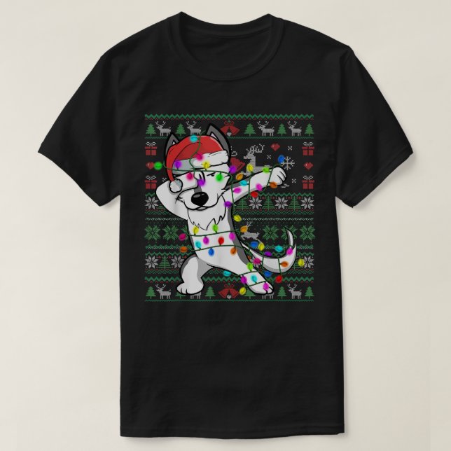 Dabbing Husky Fairy Lights Ugly Christmas Sweater  (Design Front)