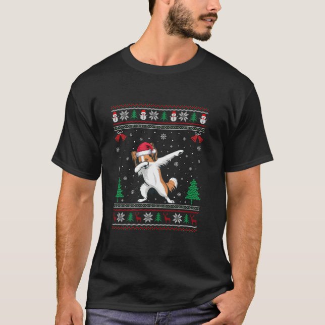 Dabbing Papillon Dog Santa Hat Boys Girls Kids Chr T-Shirt (Front)