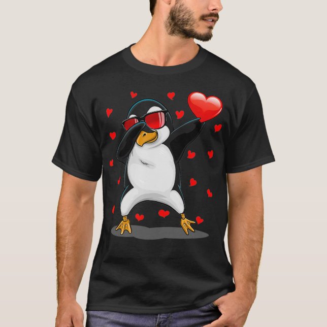 Dabbing Penguin Sunglasses Valentines Day Heart T-Shirt (Front)
