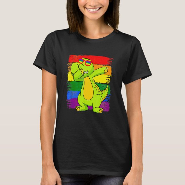 Dabbing Pridesaurus Rex Dinosaur LGBT Flag Gay Pri T-Shirt (Front)