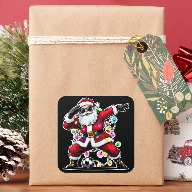 Dabbing Santa Christmas Lights Soccer Square Sticker (Holiday)