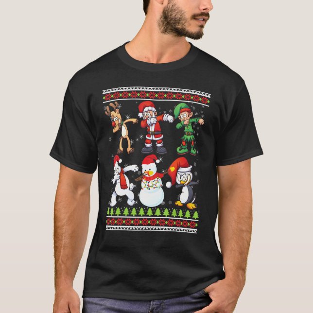 Dabbing Santa Elf Friends Reindeer Snowman Merry C T-Shirt (Front)