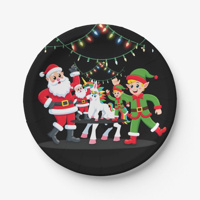 Dabbing Santa Elf Unicorn Christmas Kids Boys Men  Paper Plate (Front)