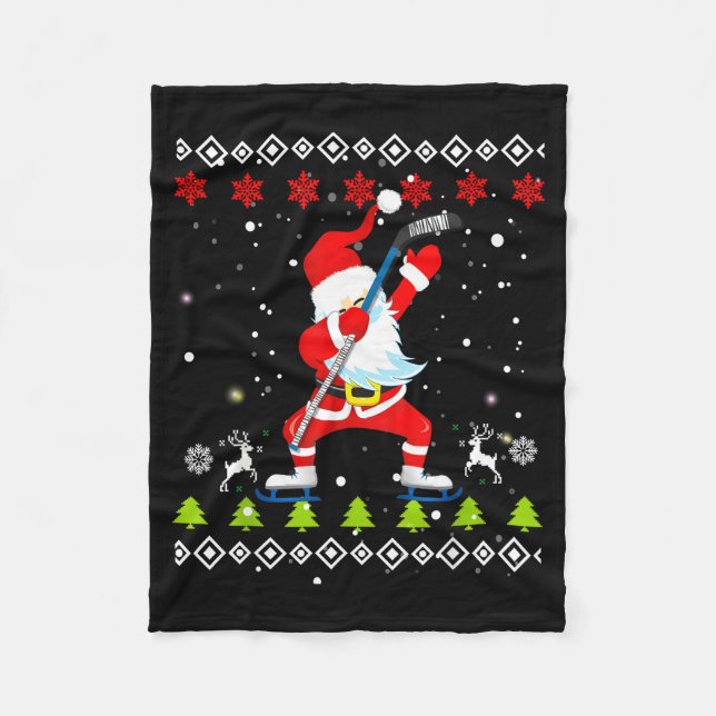 Dabbing Santa Hockey Ugly Christmas Sweater Xmas  Fleece Blanket (Front)