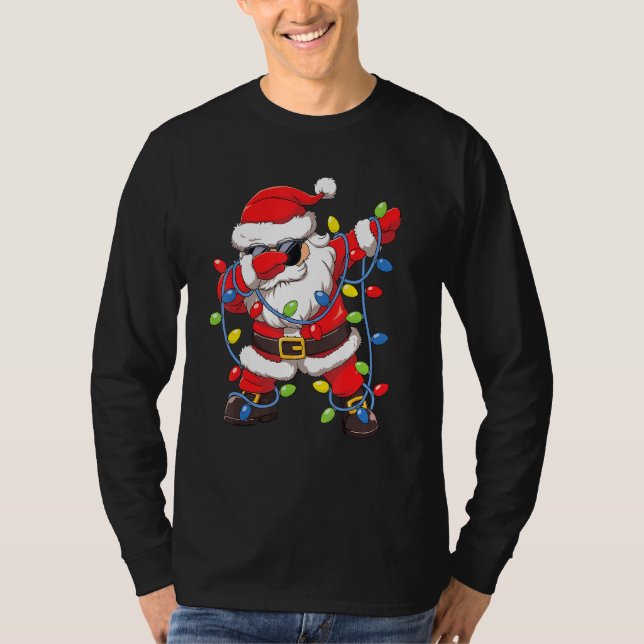 Dabbing Santa In Sunglasses Christmas Tree Lights  T-Shirt (Front)