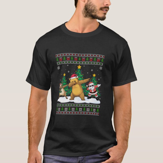 Dabbing Santa Reindeer Sun Bear Tree Lights Ugly X T-Shirt (Front)