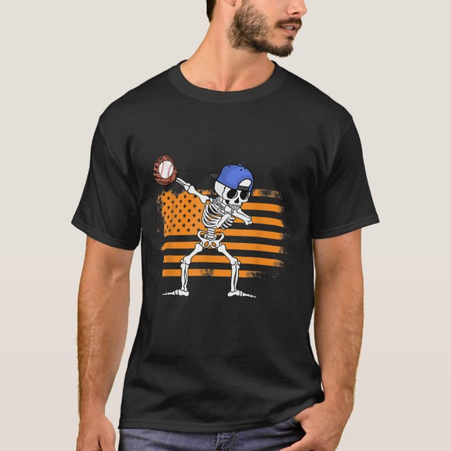 Dabbing Skeleton Baseball Funny Halloween T-Shirt (Front)