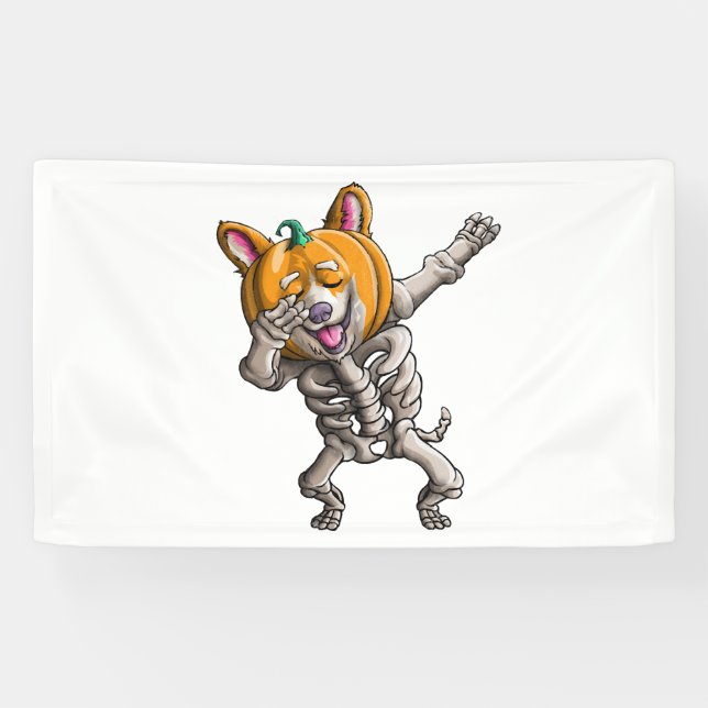 Dabbing Skeleton Corgi Cute Halloween Corgi Funny Banner (Horizontal)