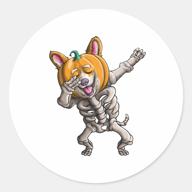 Dabbing Skeleton Corgi Cute Halloween Corgi Funny Classic Round Sticker (Front)
