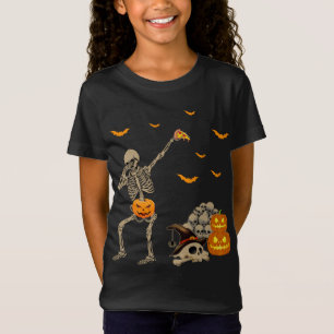 Dabbing Skeleton Eating Pizza Scary Pumpkins Skull T-Shirt