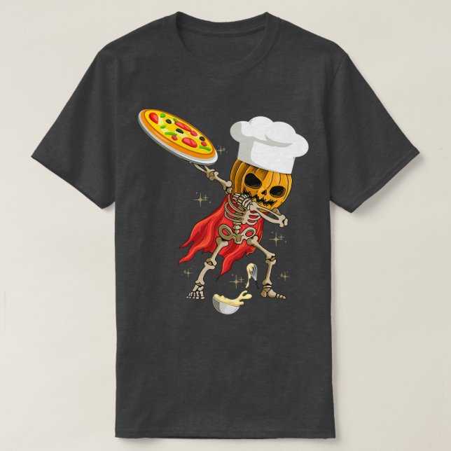 Dabbing Skeleton pizza chef Halloween Scary Pumpki T-Shirt (Design Front)
