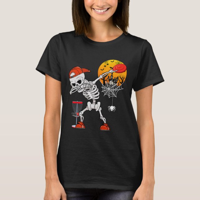 Dabbing Skeleton Playing Disc Golf Halloween Playe T-Shirt (Front)