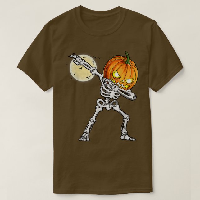 Dabbing Skeleton Pumpkin Head Funny Scary Hallowee T-Shirt (Design Front)