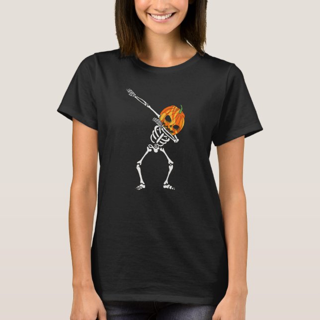 Dabbing Skeleton Pumpkin Head  Halloween Dancing S T-Shirt (Front)