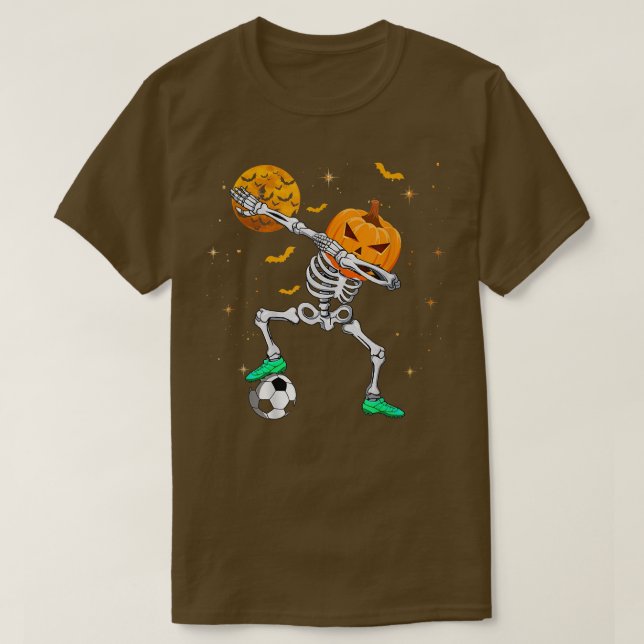 Dabbing Skeleton Pumpkin Soccer Halloween Boys Gir T-Shirt (Design Front)