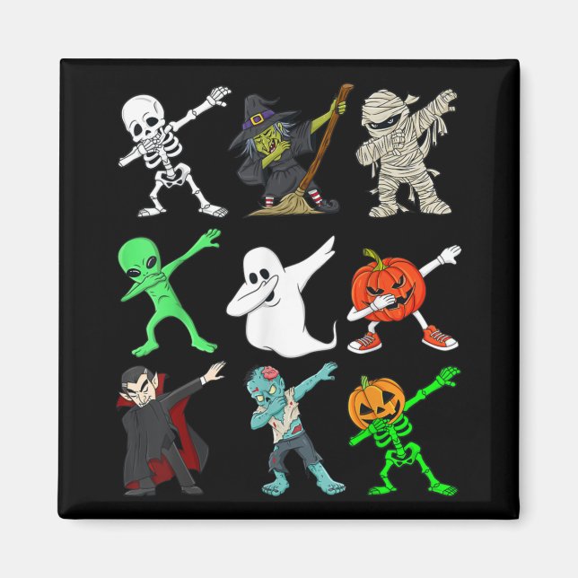 Dabbing Skeleton Witch And Monsters Halloween Magnet (Front)