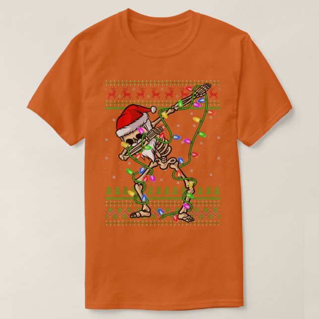 Dabbing Skeleton Xmas Lights Ugly Santa Skeleton C T-Shirt (Design Front)