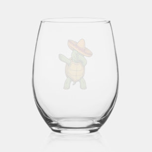 Dabbing Turtle Sombrero Vintage Vector Design_1 Stemless Wine Glass