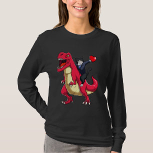Dabbing Tuxedo Cat Riding Dinosaur Valentines Day T-Shirt