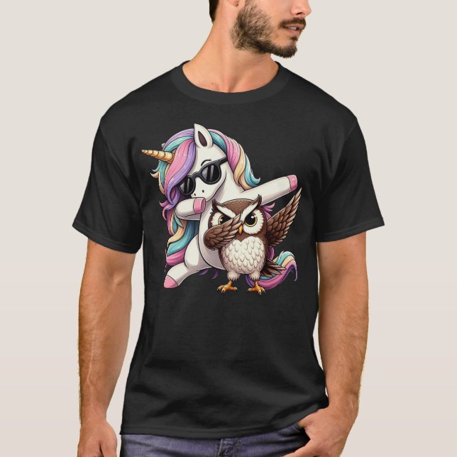 Dabbing Unicorn And Owl Boys Girls Men Women Kids  T-Shirt (Front)