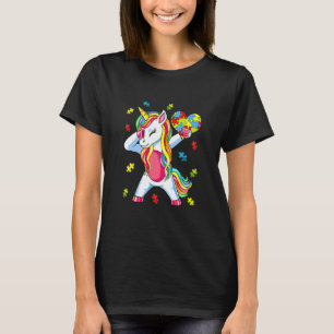 Dabbing Unicorn Autism Awareness Puzzle Heart Rain T-Shirt