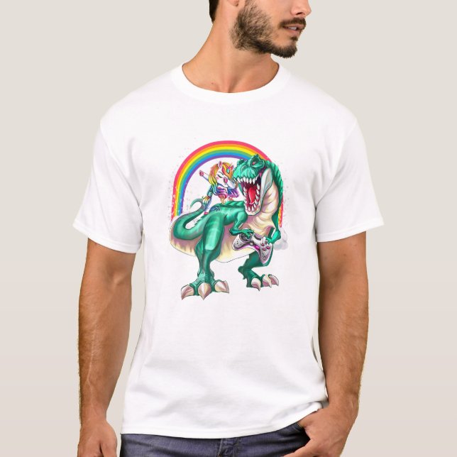 Dabbing Unicorn Dinosaur Game Controller Rainbow B T-Shirt (Front)