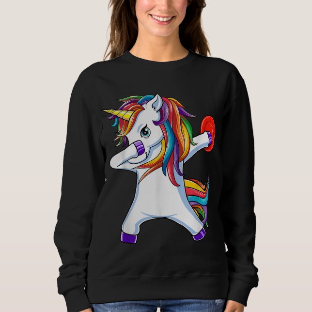 Dabbing Unicorn Funny Flying Disc Golf Player Sweatshirt (Front)