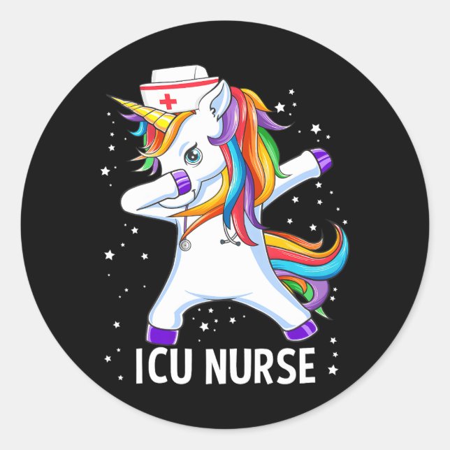 Dabbing Unicorn Funny ICU Nurse Classic Round Sticker (Front)