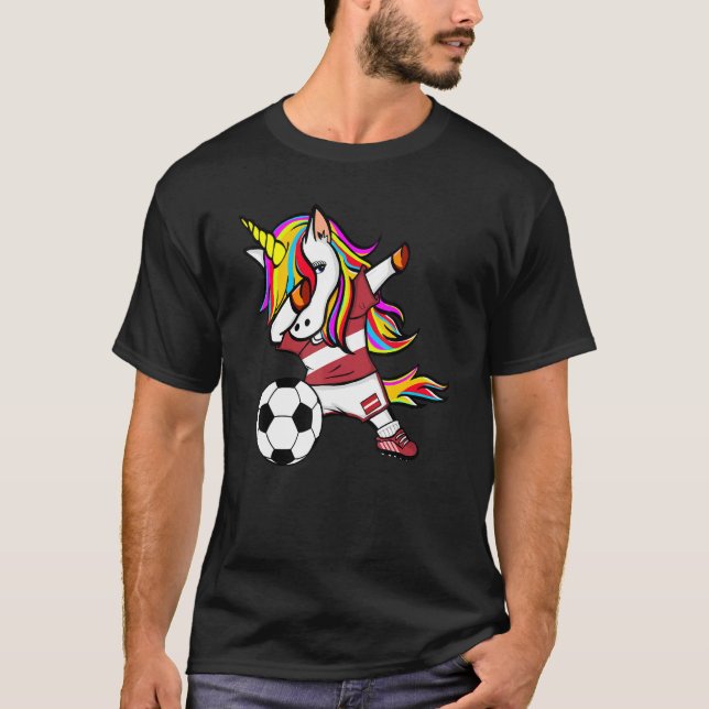 Dabbing Unicorn Latvia Football  Latvian Flag Socc T-Shirt (Front)