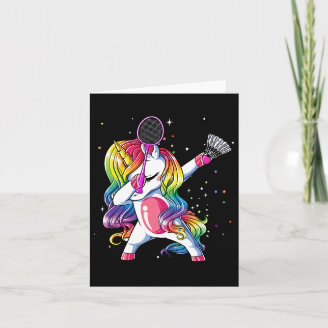 Dabbing Unicorn Playing Badminton Player Lover Mat Card (Front)