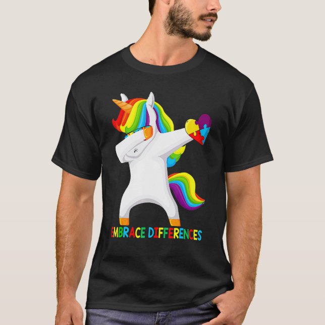 Dabbing Unicorn Puzzle Embrace Differences Autism  T-Shirt (Front)