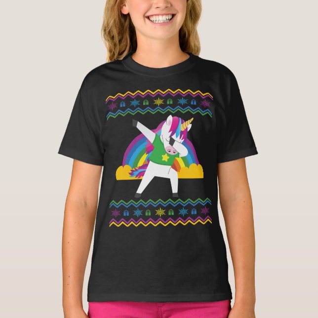 Dabbing Unicorn Rainbow Ugly Christmas Sweater (Front)