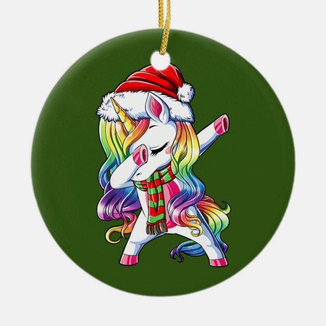 Dabbing Unicorn Santa Christmas Kids Girls Women Ceramic Tree Decoration (Front)