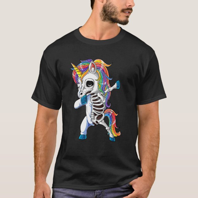 Dabbing Unicorn Skeleton Skulls Halloween Boys Gir T-Shirt (Front)