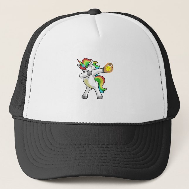 Dabbing Unicorn Softball Player Funny Dab Dance Ra Trucker Hat (Front)