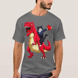 Dabbing uxedo Cat Riding Dinosaur Valentines Day H T-Shirt