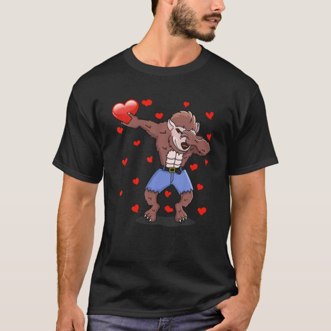 Dabbing Werewolf Red Heart Love Valentines Day Lov T-Shirt (Front)