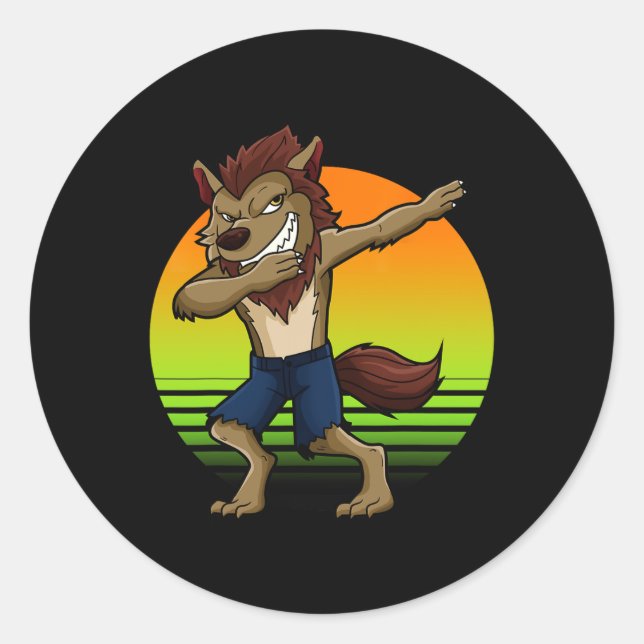 Dabbing Werewolf Retro Sunset Halloween Boys Kids  Classic Round Sticker (Front)