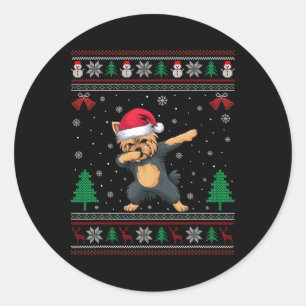 Dabbing Yorkie Dog Santa Hat Boys Girls Kids Chris Classic Round Sticker