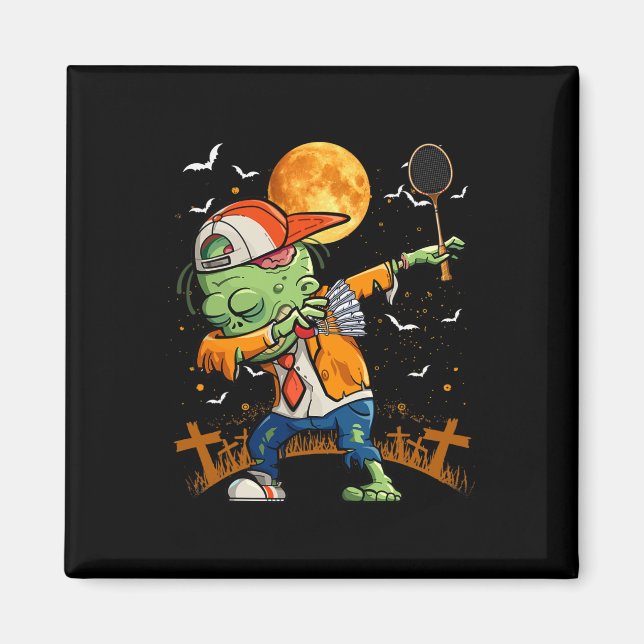 Dabbing Zombie Playing Badminton Halloween Badmint Magnet (Front)