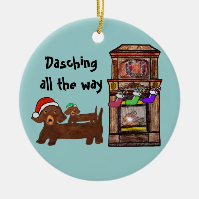 Dachshing all the way ceramic tree decoration (Front)