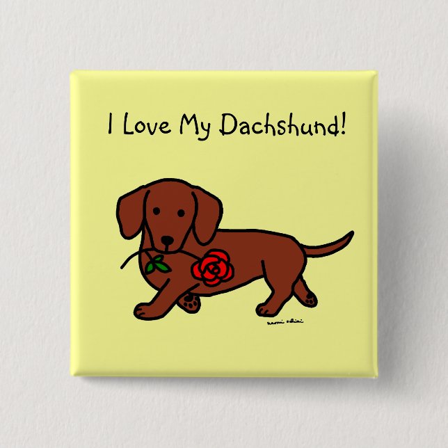 Dachshund and a flower cartoon 15 cm square badge (Front)